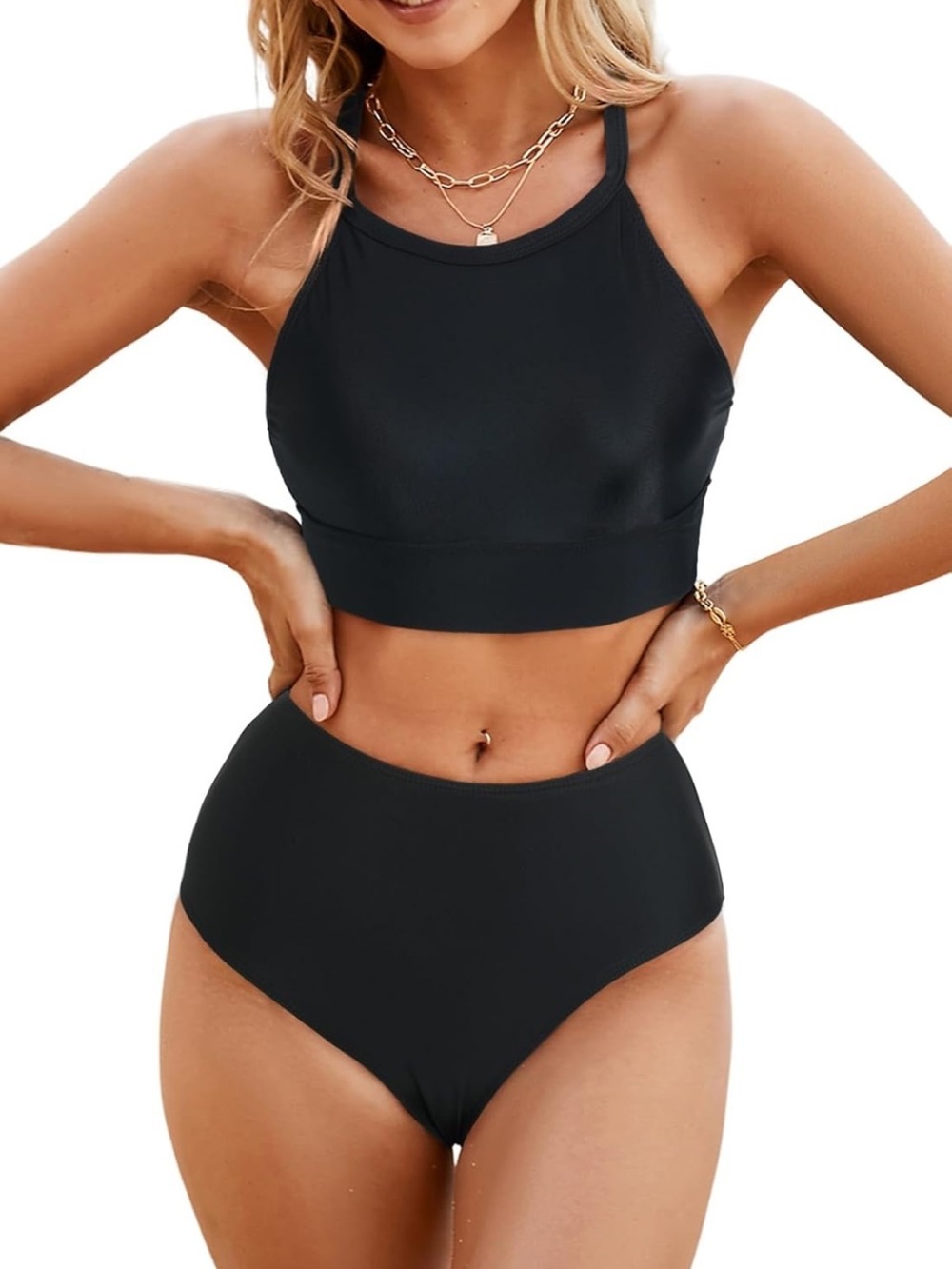 Black Bikini Set High Round Neck Criss Cross Back High Waisted M/1098-8